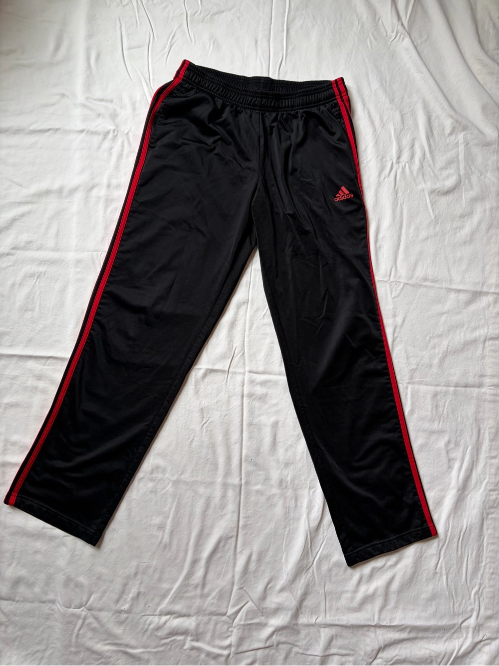 adidas Men’s 3 Stripe Tricot Black Track Pants with Red Size L